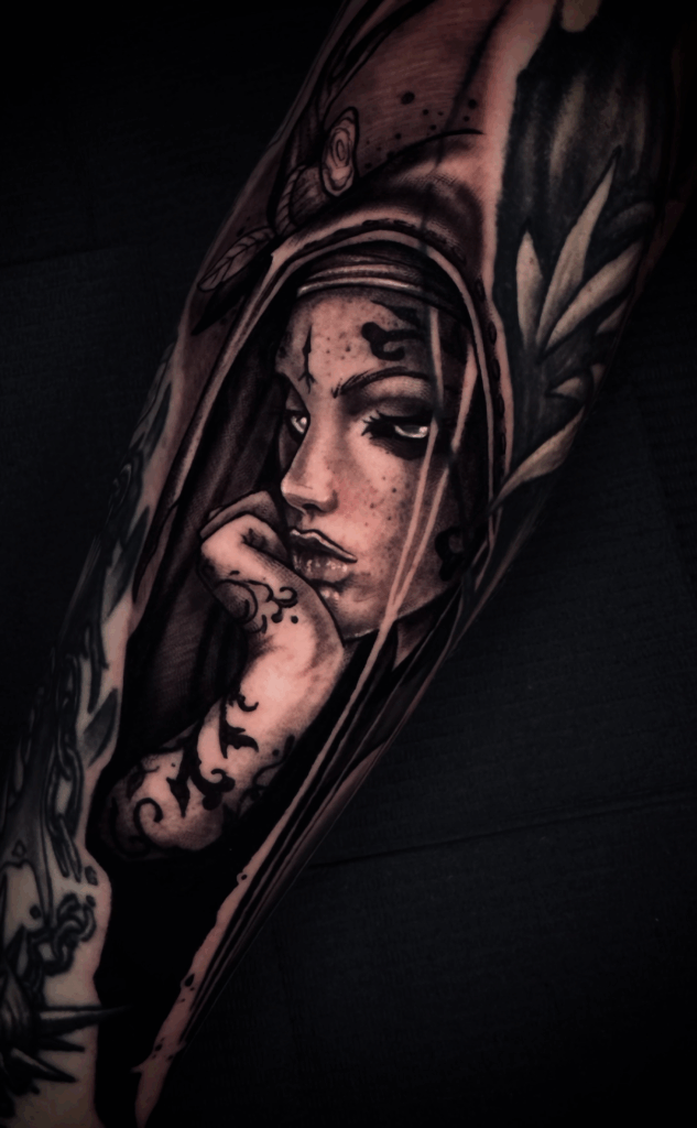 female mystical occult macabreart blackwork tattoo