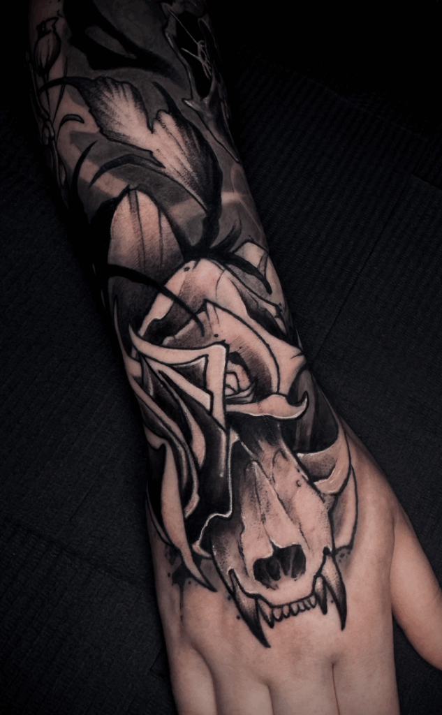 horror cat skull rose blackwork tattoo