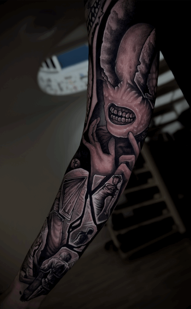 silent hill horror darkart fullsleeve blackwork tattoo