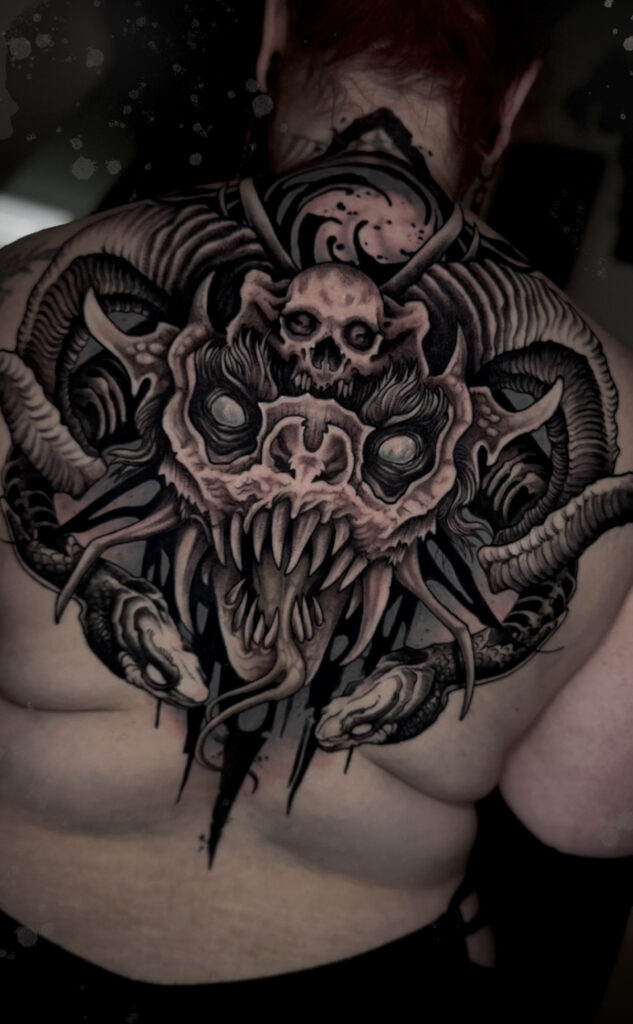 satanic demon full back blackwork tattoo