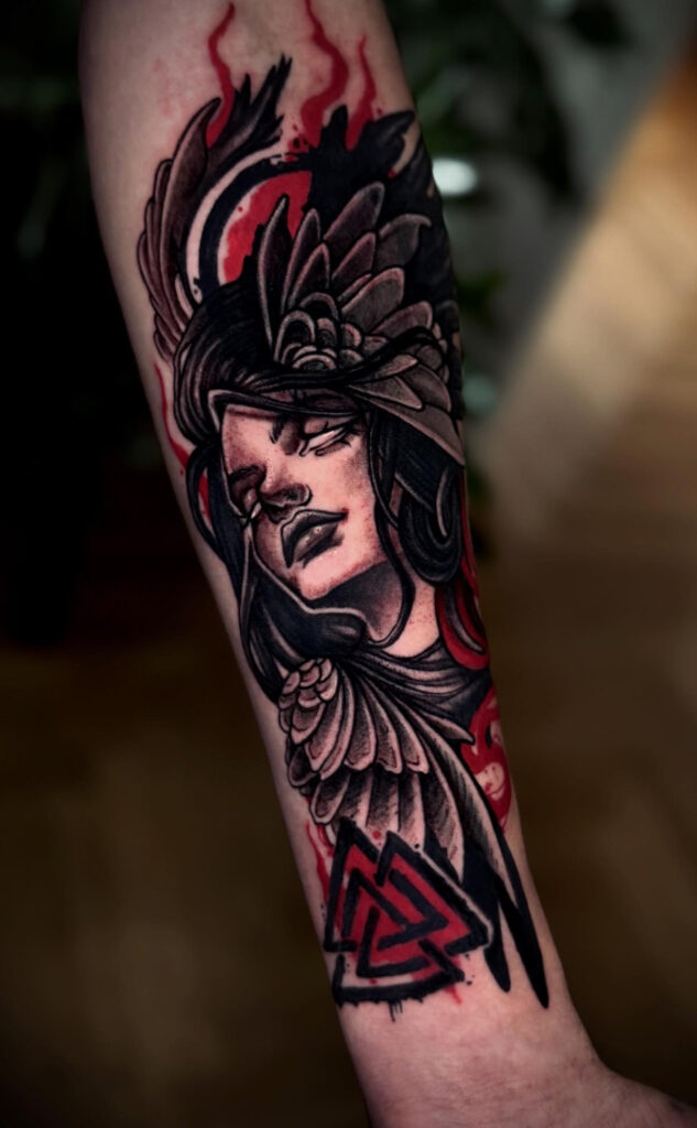dark feminine surreal wings blackwork tattoo