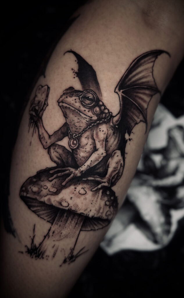 frog bat surreal little blackwork tattoo