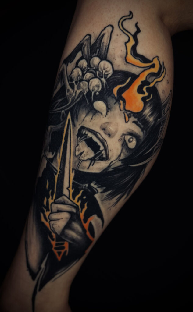 horror knife psycho girl blackwork tattoo
