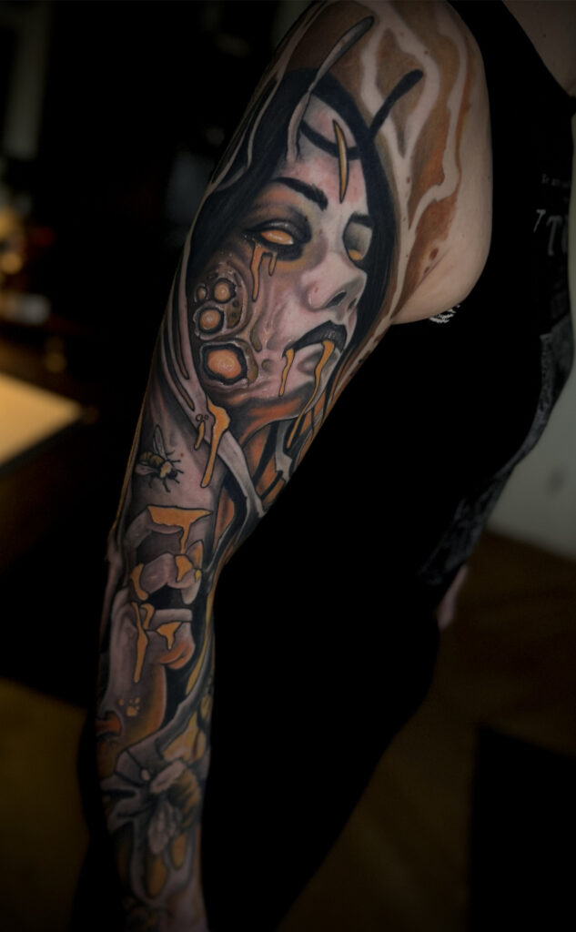 bee girl surreal dark blackwork tattoo